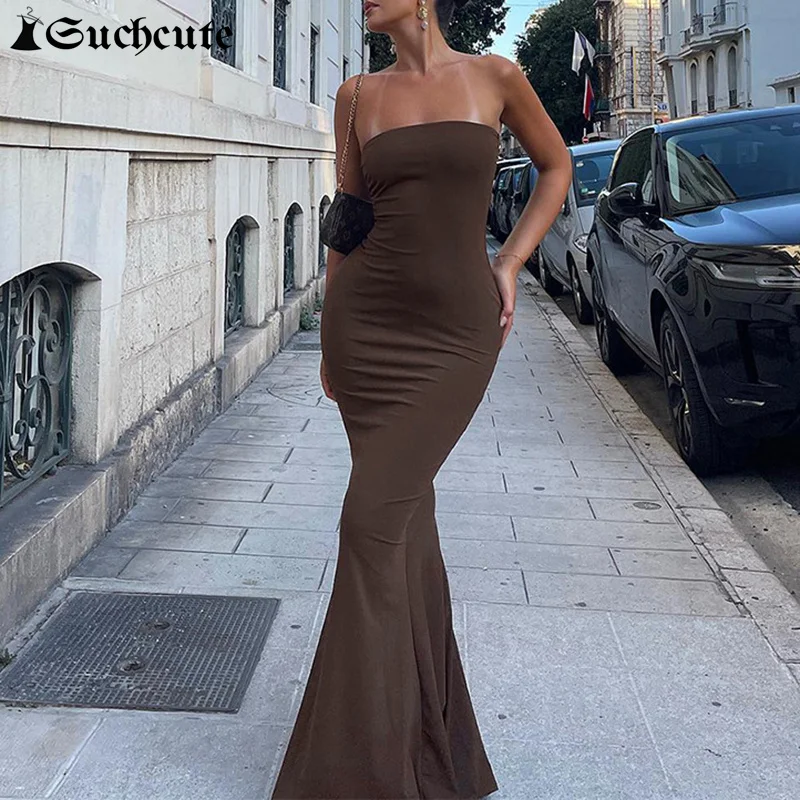 SUCHCUTE Sexy Strapless Dress For Women Solid Color Skinny Trumpet Long Dress Elegant Fashion Sleeveless Party Evening Vestidos