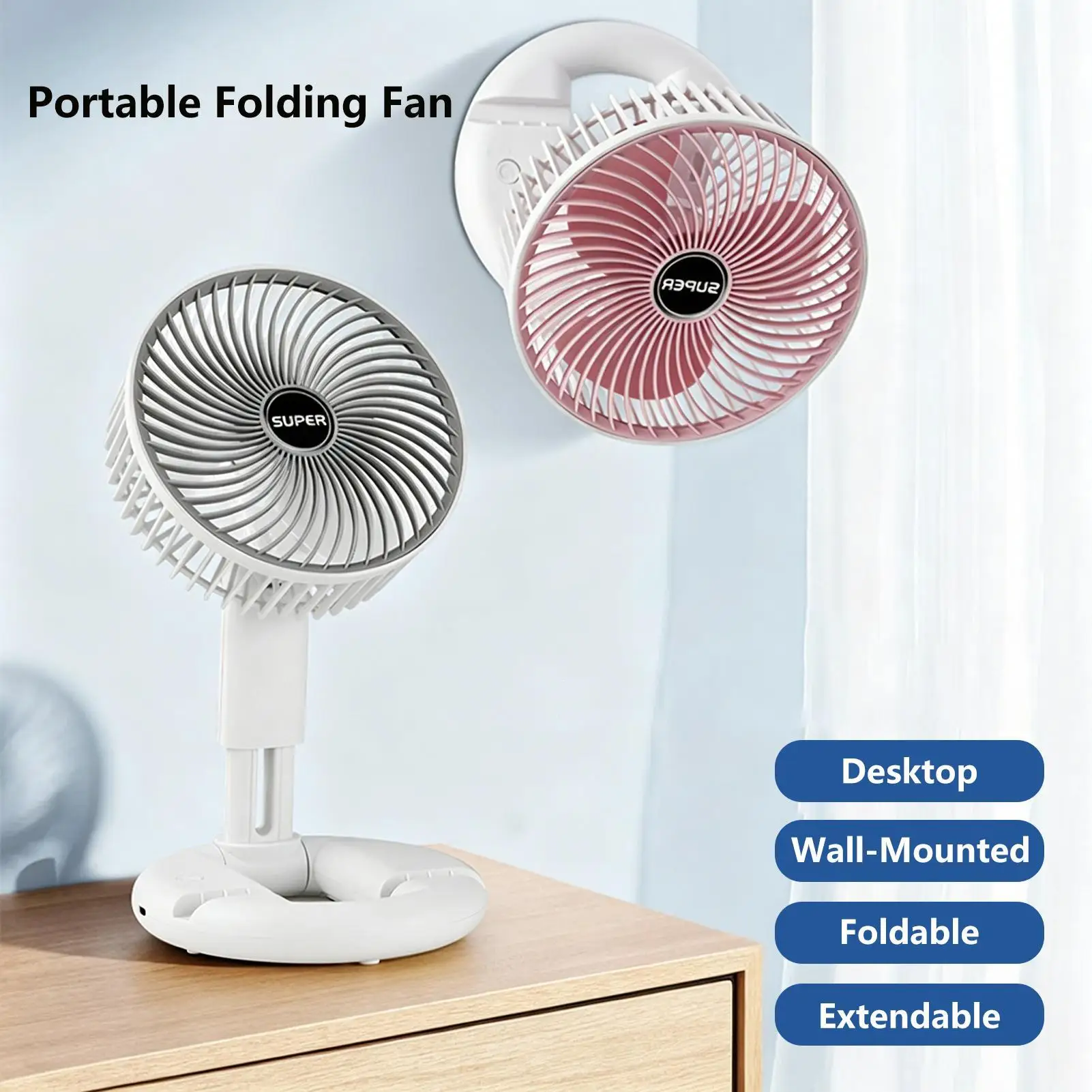 Foldable Floor Fan 3 Speeds Strong Wind Quiet USB Rechargeable Portable Desk Fan Telescopic Stand Personal Cooling Breeze