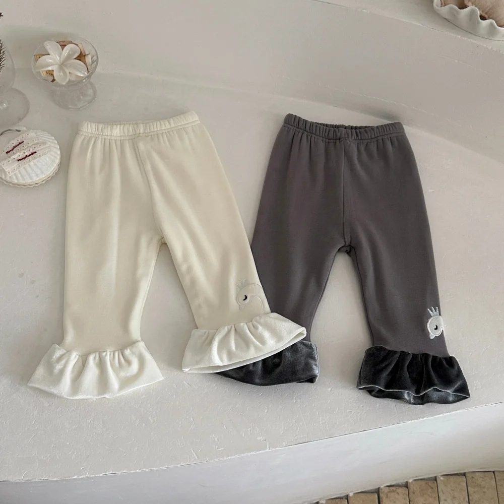 Autumn and Winter Double-layer Velvet Baby Embroidery Thicken Warm Trumpet Leggings