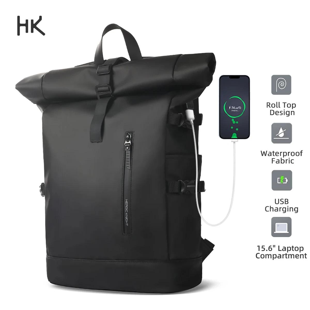 

HK Men's Travel Backpack Business 15.6'' Laptop Bag Roll Top Outdoor Commuting Backpack With USB Port Waterproof School Backpack