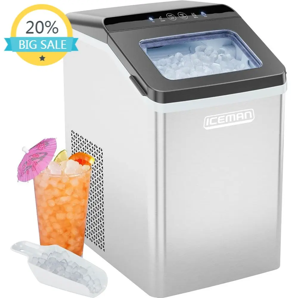 

Compact Countertop Ice Maker: Quick Pellet Ice, 33lbs Daily, Easy Operation, Scoop Included - Stainless Steel