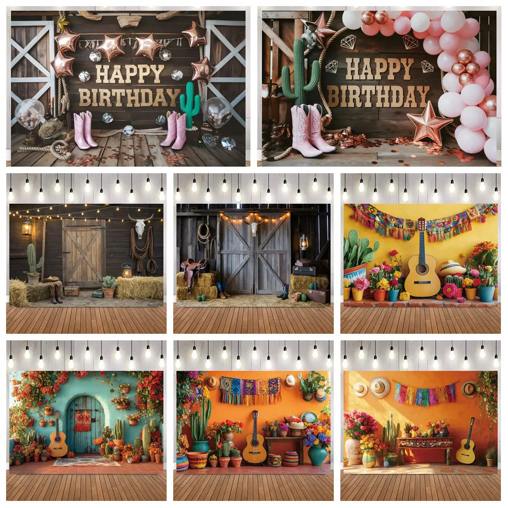 Mexico Fiesta Photography Background Guitar Cactus Straw Hat Courtyard Flower Kid Adult Birthday Party Decor Photo Backdrop Prop