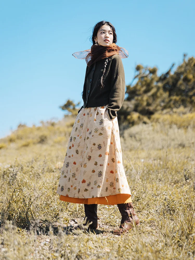 Flowering 640 Printed Half-length Skirt Women's Cotton Linen Double-layer Color-contrast Long Skirt Standard Fit Mid-waist