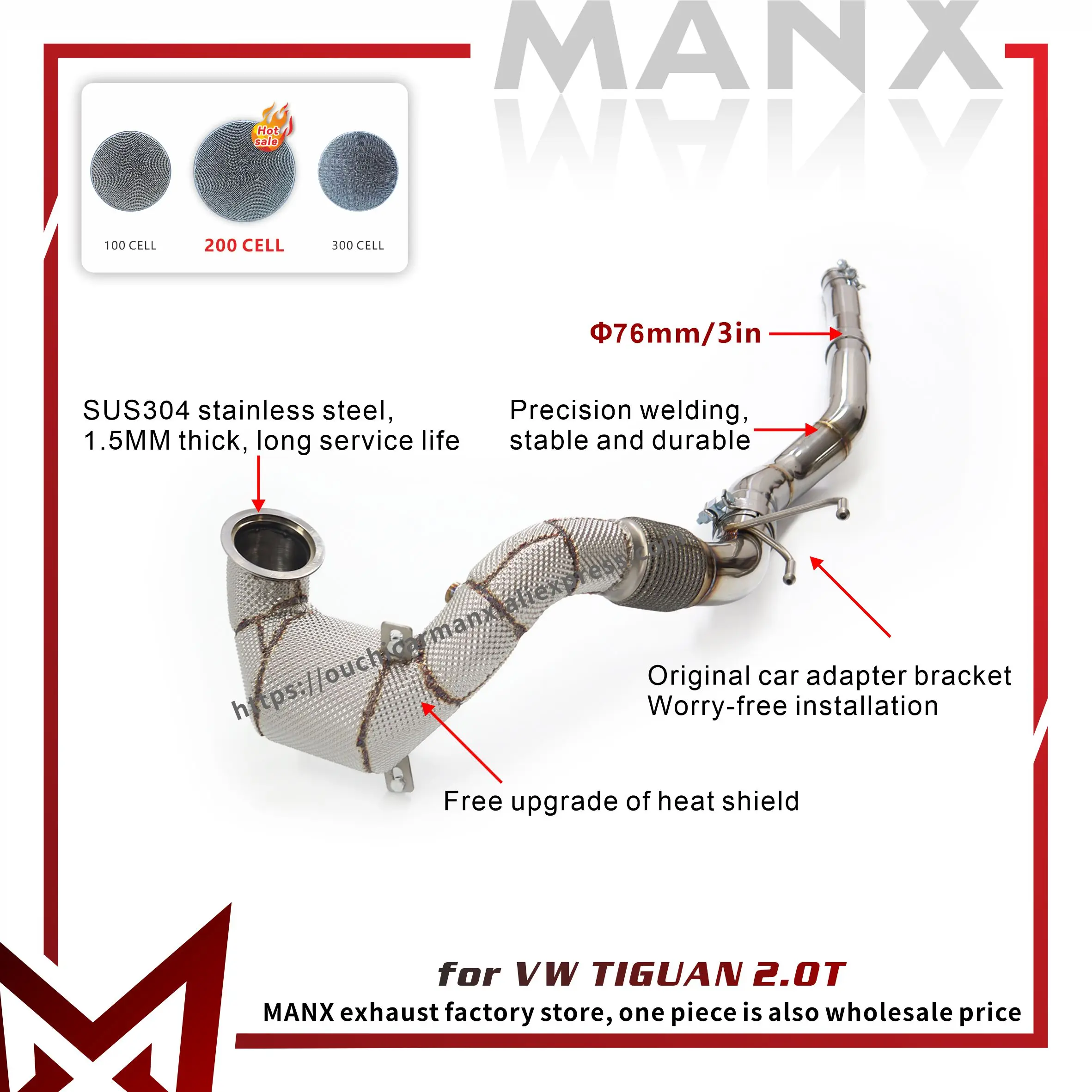 

MANX Car Exhaust system for VW TIGUAN 2.0T Catalyzed Downpipe Catless Downpipe Stainless steels Performance exhaust pipe