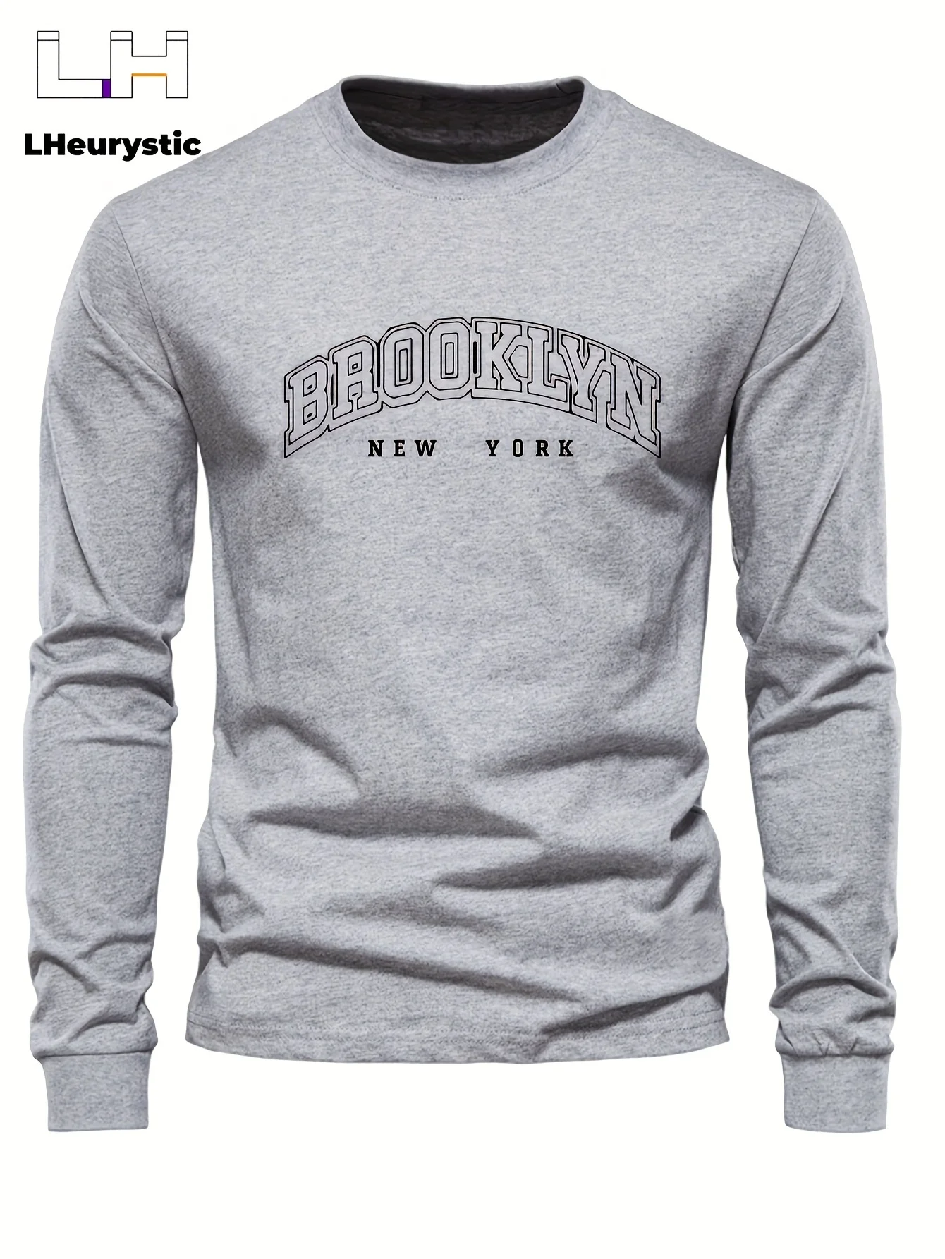 Men's 100% pure cotton loose and comfortable casual sports Brooklyn letter printed round neck long sleeved T-shirt top view 3