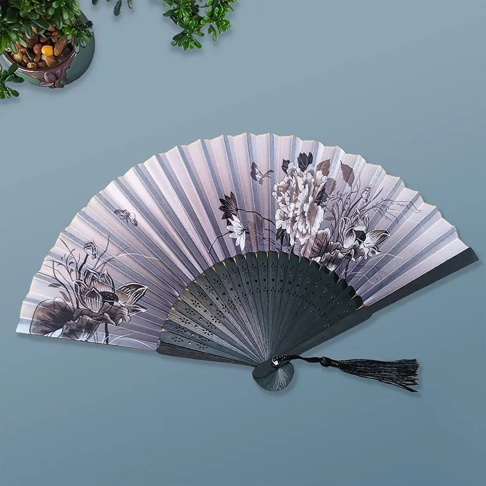 2024 Silk Vintage Folding Fan Colorful Tassel Elegent Hand Fan Hand Fan Bamboo Shank Classical Dance Fan Female