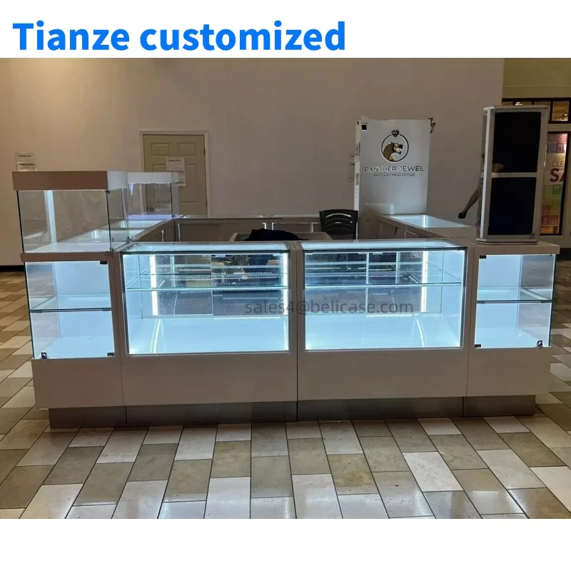 

(Customized) shopping mall jewelry showcase jewellery store glass display cabinet with LED light luxury white painting je