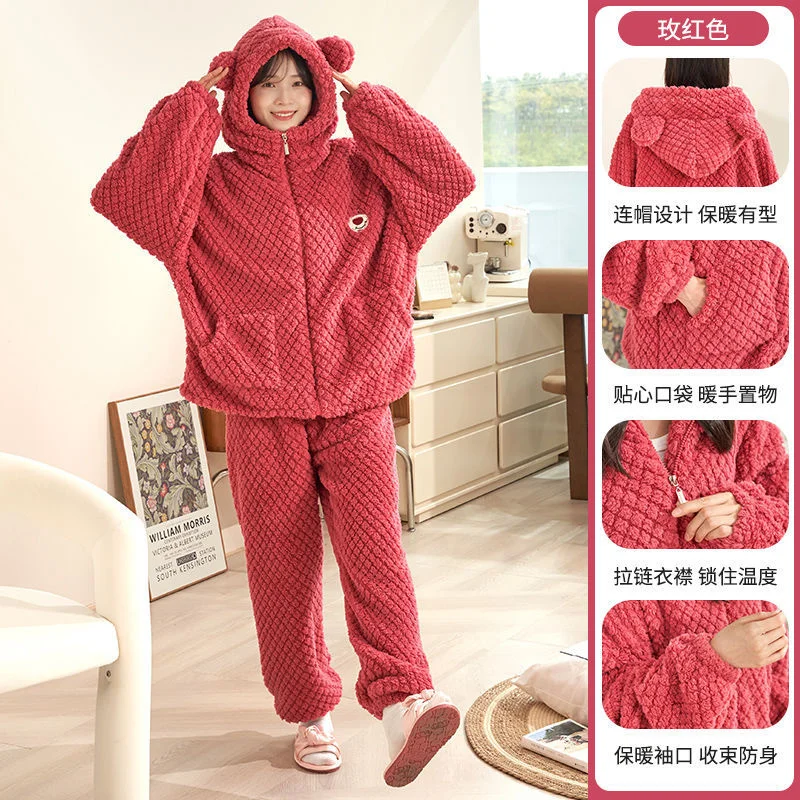 

Autumn Winter Women's Sleepwear Flannel Pajamas Set Thick Fleece Nightwear Sets Warm Home Suits Hoodie Plus Pants