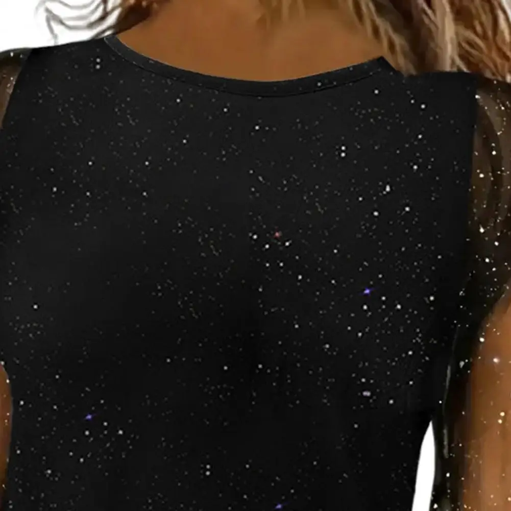 

Women's Long Sleeve O Neck T-Shirt Women Elegant Mesh Sleeve Loose Tee Tops Clothes Women Shirt Tops Shiny Fit Tee Shirt