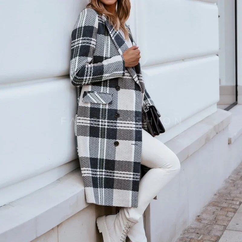 

Double-breasted Straight Long Casual Woolen Coat Women Autumn/winter New 2021 Style Simple Plaid Suit Collar Long-sleeved Coat