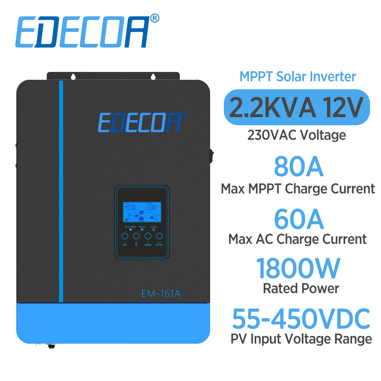 EDECOA 1800W 12V solar hybrid inverter 220V 2.2KVA MPPT 80A 55-450VDC solar charger controller pure sine wave UPS