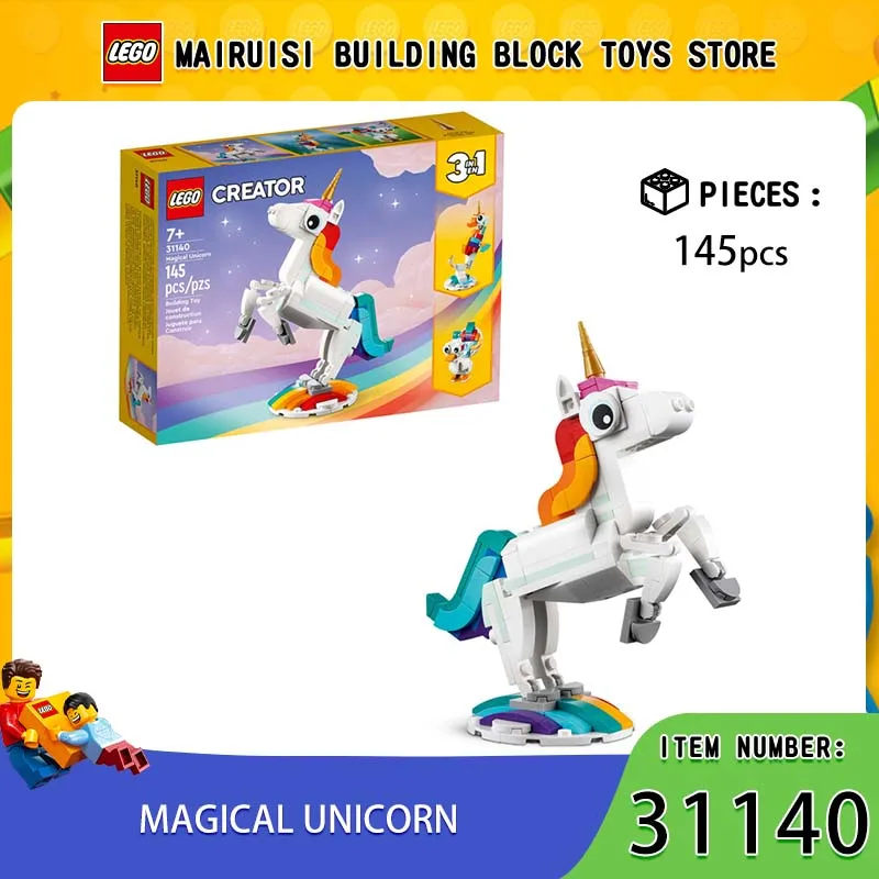 

LEGO 31140 3 in 1 Magical Unicorn Toy, Transforms from Unicorn to Seahorse to Peacock, Rainbow Animal Figures, Buildable Toys