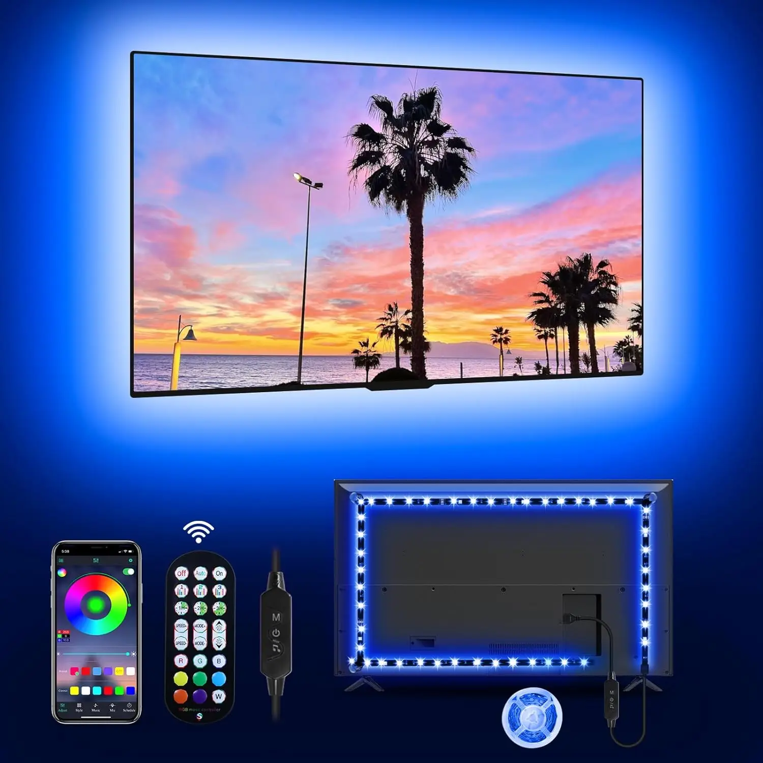 

Светодиодные ленты RGB для телевизора, USB-подсветка длиной 16,4 фута с управлением через приложение Bluetooth и синхронизацией музыки, окружающее освещение для телевизоров с диагональю 55–70 дюймов