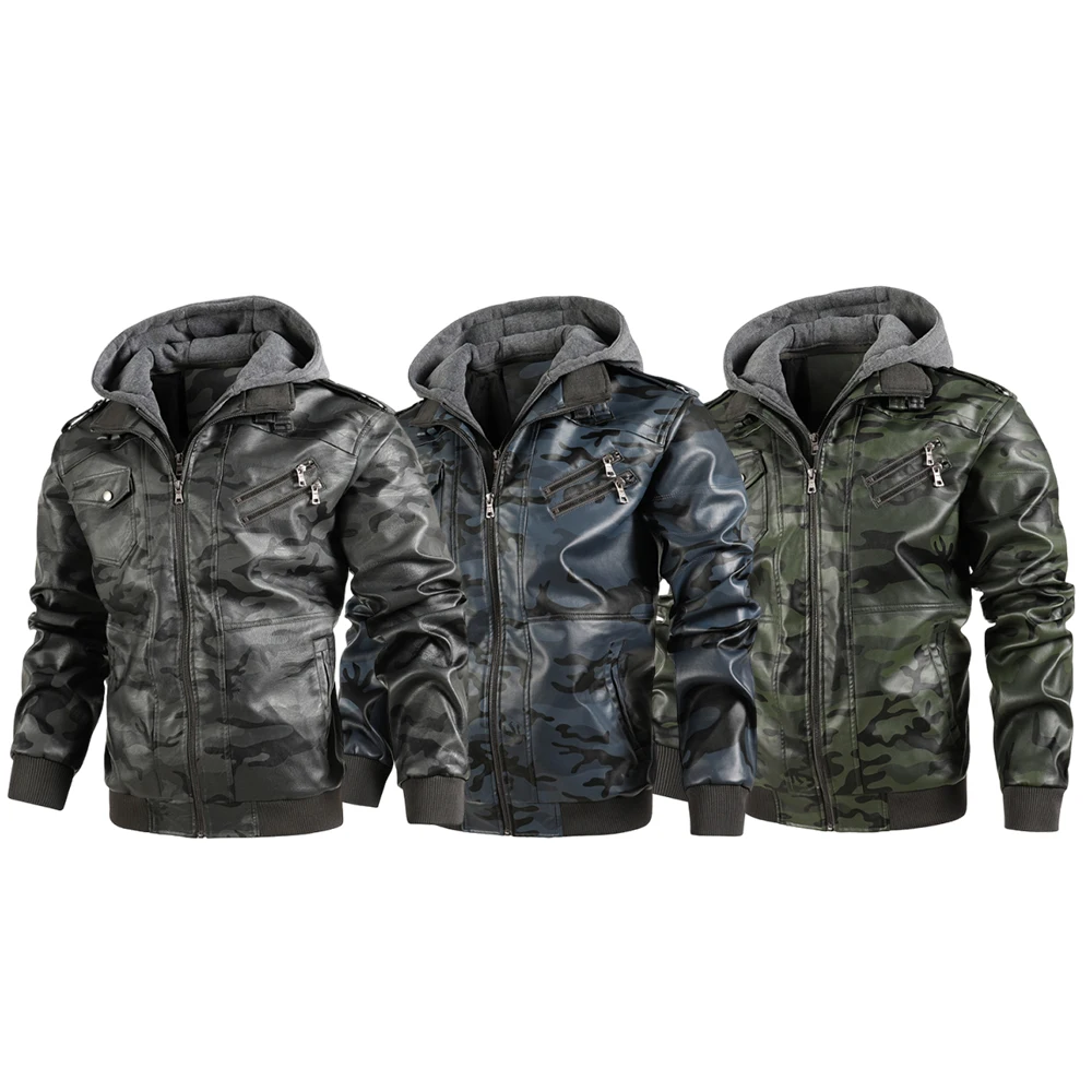 

Men's casual PU motorcycle jacket, casual leather camouflage suit, detachable hat, warm leather jacket for autumn and winter