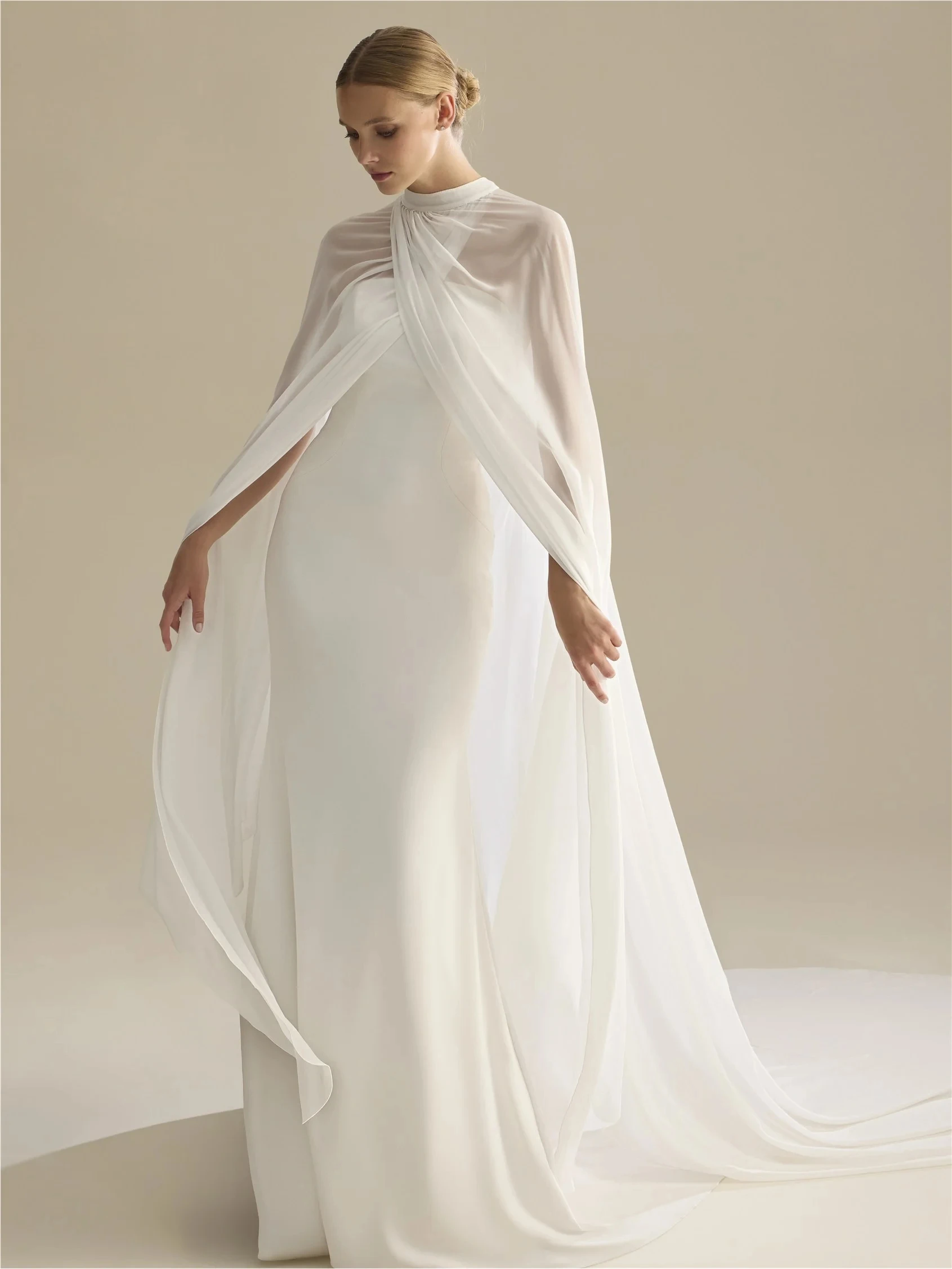 

Customized Wedding Capes Chiffon High Collar Cross Neck Bride Coat Bridal Cloak Special Occasion Bolero Shrug