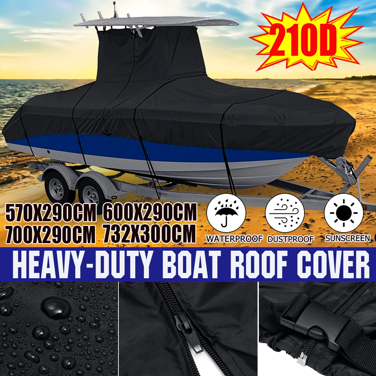 210D Black Waterproof Heavy-Duty Center Console T-Top Roof Boat Cover Sunscreen Yacht Outdoor Protection