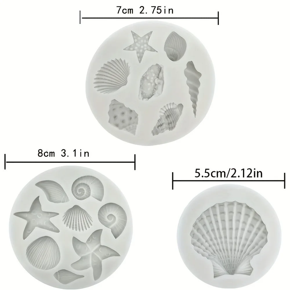 Silicone resin casting mold set of 3 pieces, irregular shell starfish shape, used for chocolate, candy, cake decoration