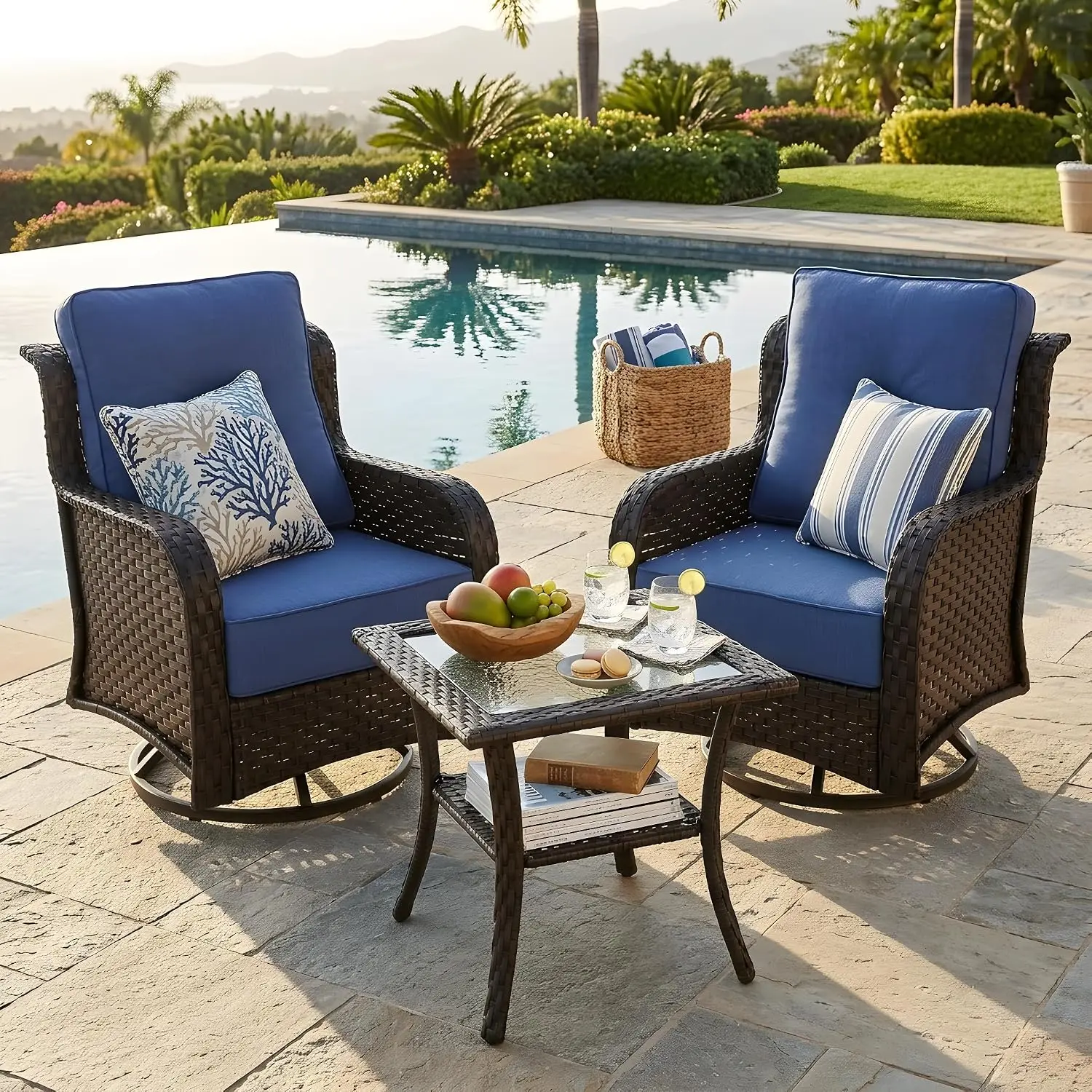 3-Piece Wicker Patio Swivel Chair Set with Side Table, 6