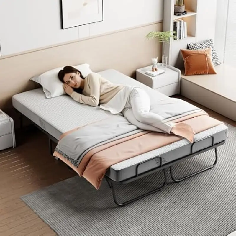 Deluxe Foldable Steel Bed Frame with 5 Inch Memory Foam Mattress Grayish White 75 x 54 Inches Heavy Duty 450 Lb Capacity Locking