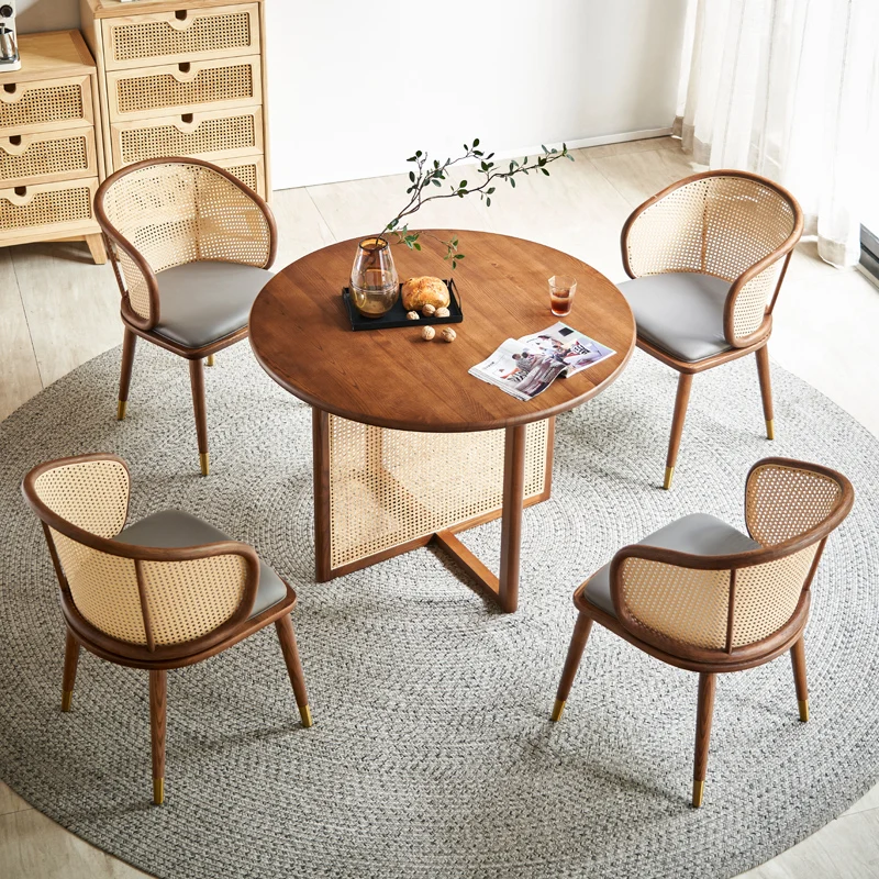 Solid wood dining table, small household dining table and chair combination, Nordic rattan woven round table