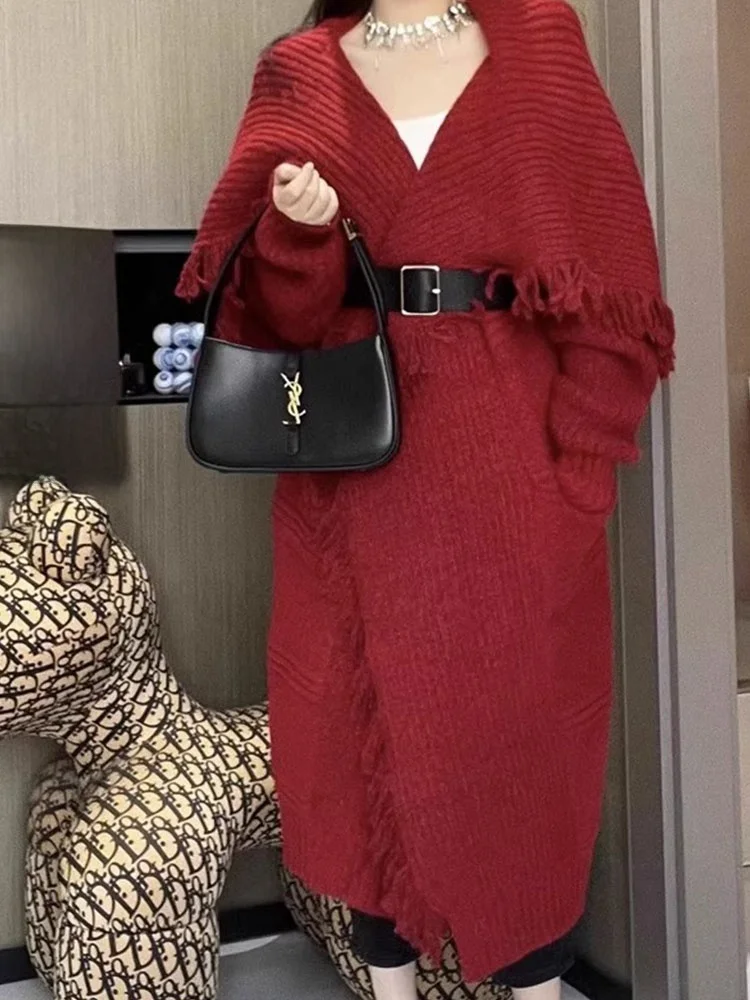 

Long Knitted Cardigan Women's Autumn Winter Knee-Length Sweater Coat Lazy Sle plus Size Tassel Cloak oulder Cover