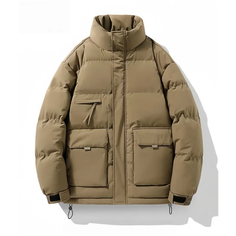 Trendy Workwear Stand-Collar Cotton Jacket for Men, Autumn and Winter Loose Thick Warm Coat, Large Size Multi-Pocket Casual Cotton Clothing