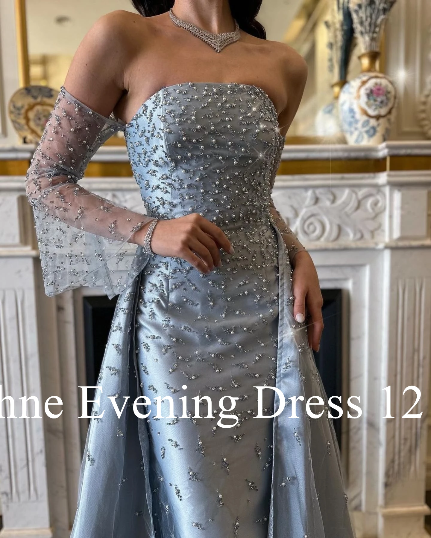 Customized Luxury Strapless Off the Shoulder Pearls Beading Evening Dress Exquisite Pleats Long Sleeves Blue Vestido De Festa