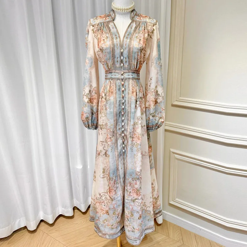 

Summer Women's Dress Standing Neck Long Sleeve Printed Bubble Sleeve Waist