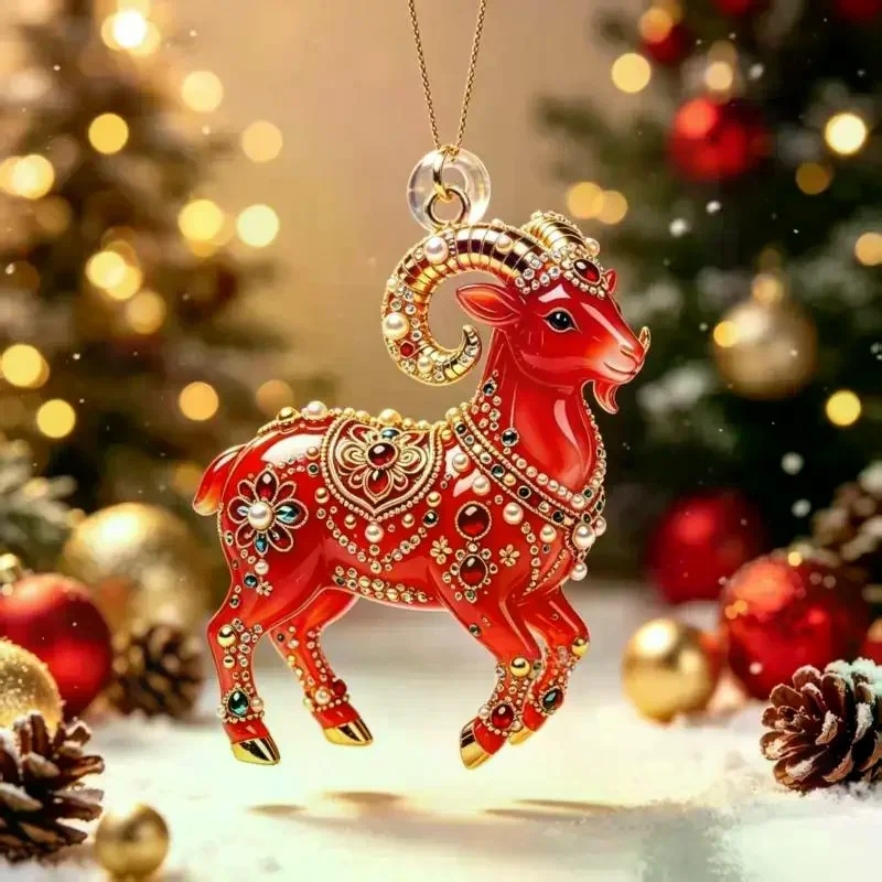 Chinese Zodiac Goat Acrylic Hanging Ornament Red Gold Lucky Pattern for Car Rearview Mirror New Year Gift Decor