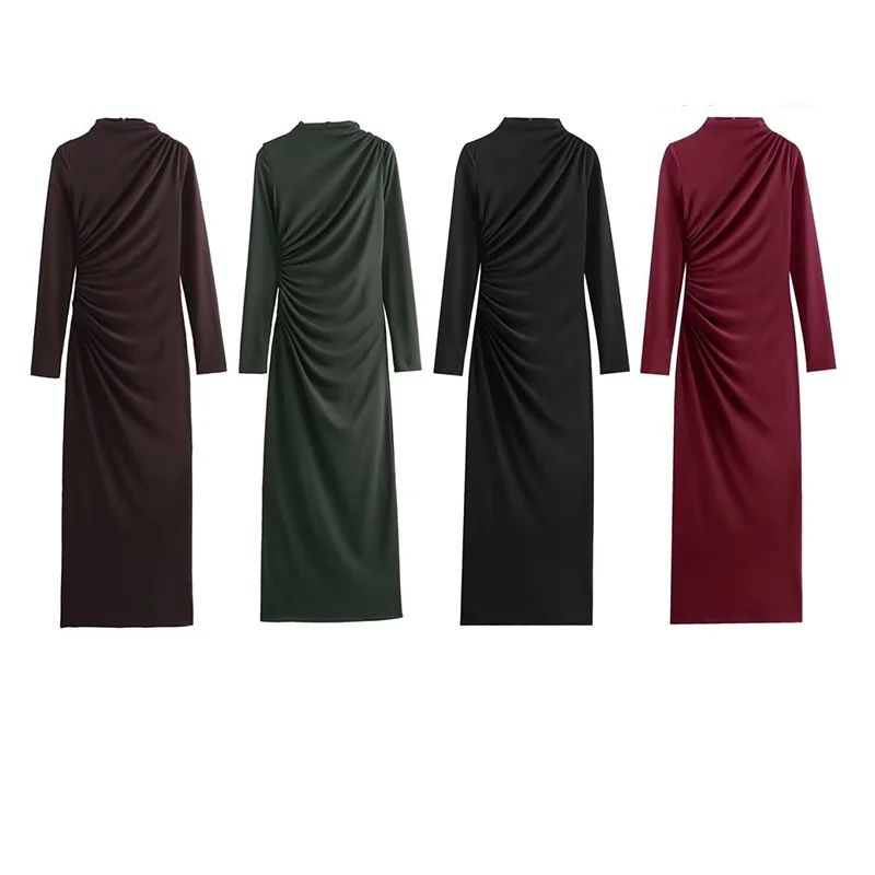 الخريف الوقوف طوق كم طويل مطوي سليم فساتين طويلة النساء تنوعا فستان الحفلات الإناث عادية شاطئ عطلة ارتداء 2025 جديد