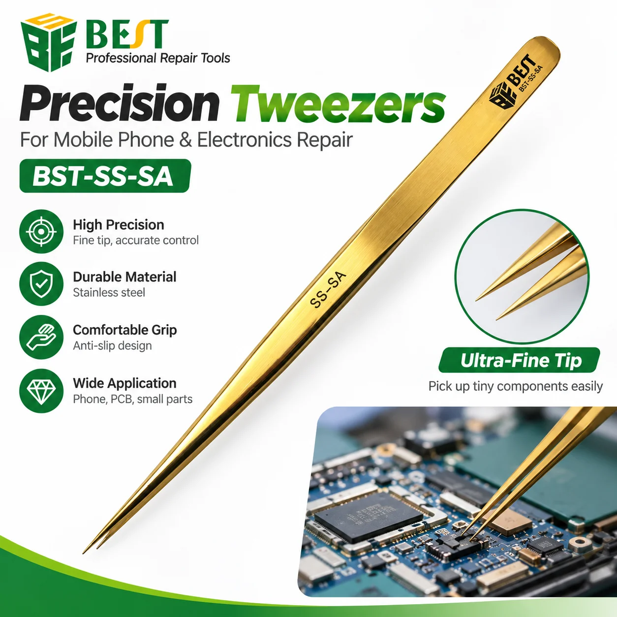 1 Stück antistatische Pinzetten-Werkzeug, Präzisionsspitze, gerade Pinzette, multifunktional, für iPhone, Reparatur, Elektronik-Werkzeug-Set, BST-SS-SA – Detail 1