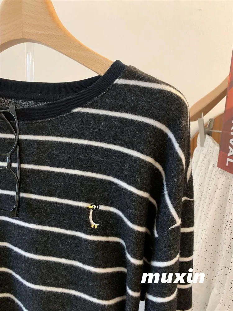 Extra groot 300-Pou geborduurd Penguin Brued herfst winter gestreept los dames lang Sve rond Ne T-shirt casual...