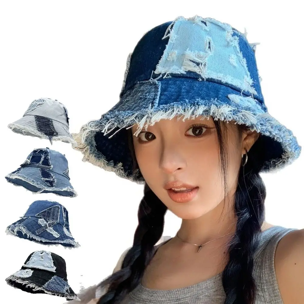 

Vintage Japanese Denim Bucket Hat Patched Beggar Style Retro Fisherman Hat Splicing Bule Sun Protection Basin Cap Unisex