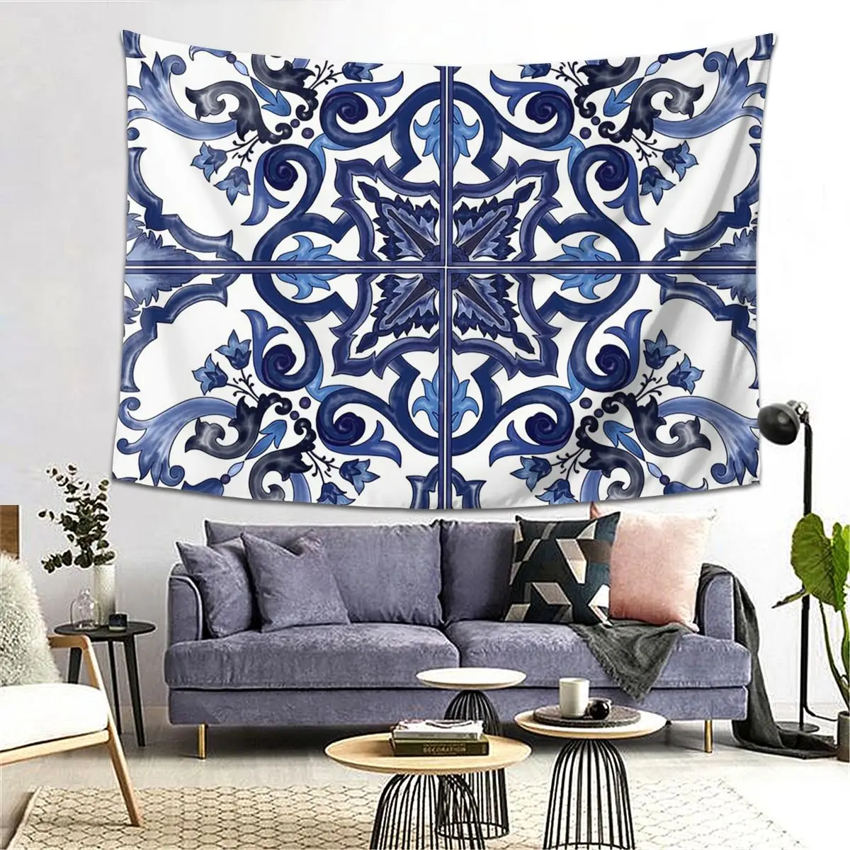 الأزرق المزخرف الأزهار البحر الأبيض المتوسط صقلية بلاط نسيج ديكور الفن المفروشات الجمالية لغرفة النوم المنزل قماش صوفي الجدار الشنق