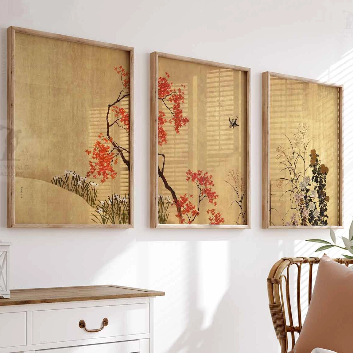 Japanese Set of 3 Gold Floral Posters Floral Japanese Art Prints Katsushika Hokusai Wall Art Ogata Korin Japanese Decor Gift