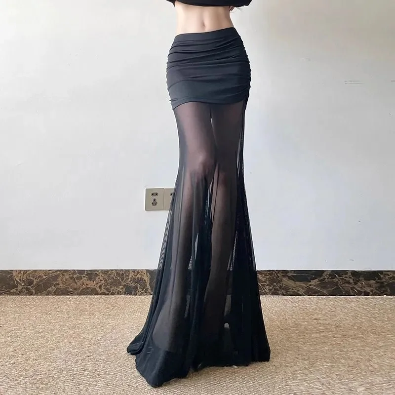 Schwarz Mesh Patchwork Rock Frauen Sexy Hot Girl Schlank Falten Hüfte Wrap Rock Sommer Neue Harajuku Alle Spiel Dünne Durchsichtig Rock
