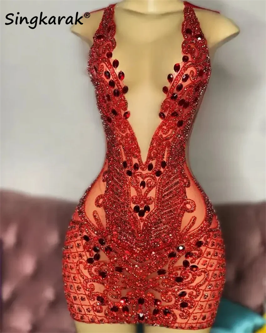 

Sexy Red Diamonds Prom Dress Luxury For Black Girls 2024 Dresses Women Crystal Beads Gala Dresses Cocktail Gown Customized