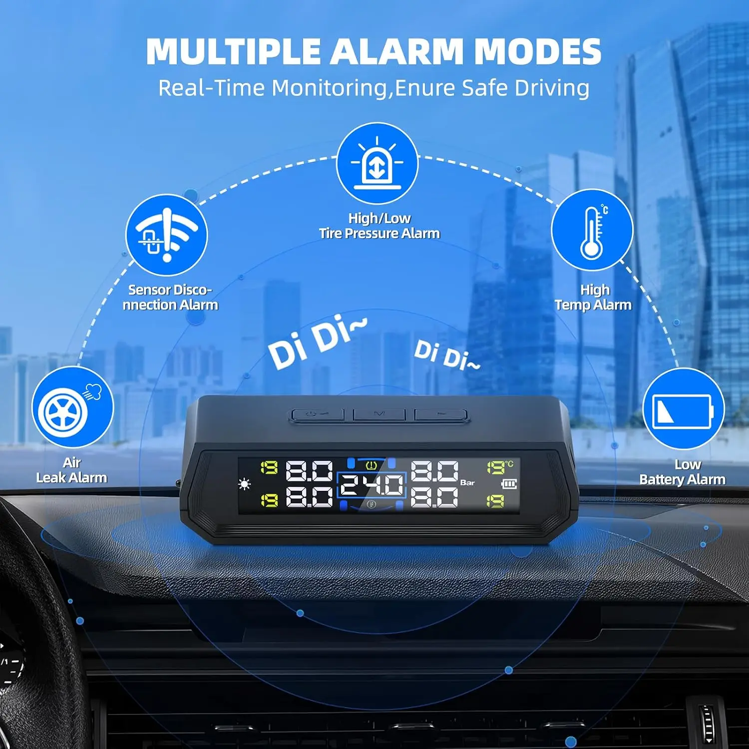 Solar Powered RV TPMS Tire Pressure Monitor 4 Sensors Auto Sleep RV Trailer/Solar Energy Charging, 6 Safety Alarm Modes, 4 External Sensors, Real-Time Tire Monitoring,RV,Trailer,SUV,MPV