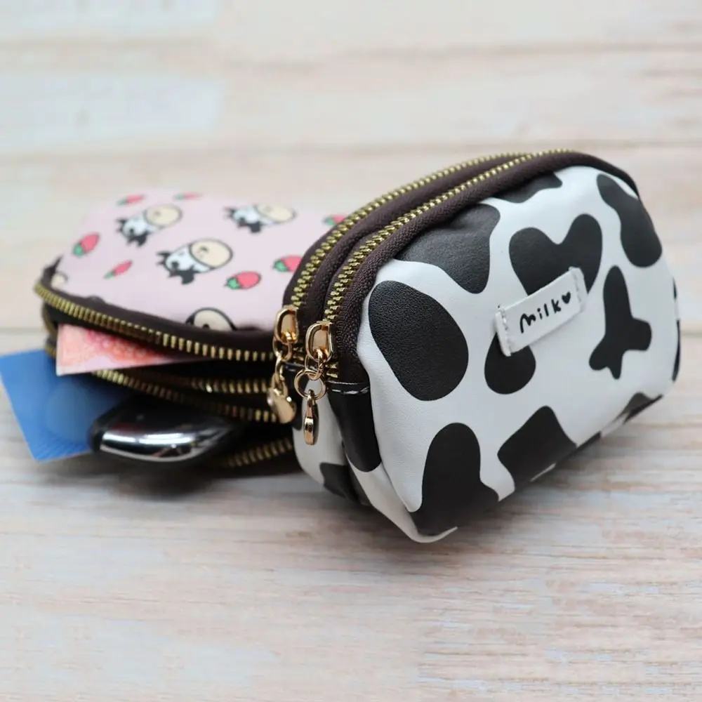 Cute Cow Pattern Coin Purse for Women Card Wallet Students Double Pocket Zipper Key Bag Portable Lipstick Bank Card Storage Bag