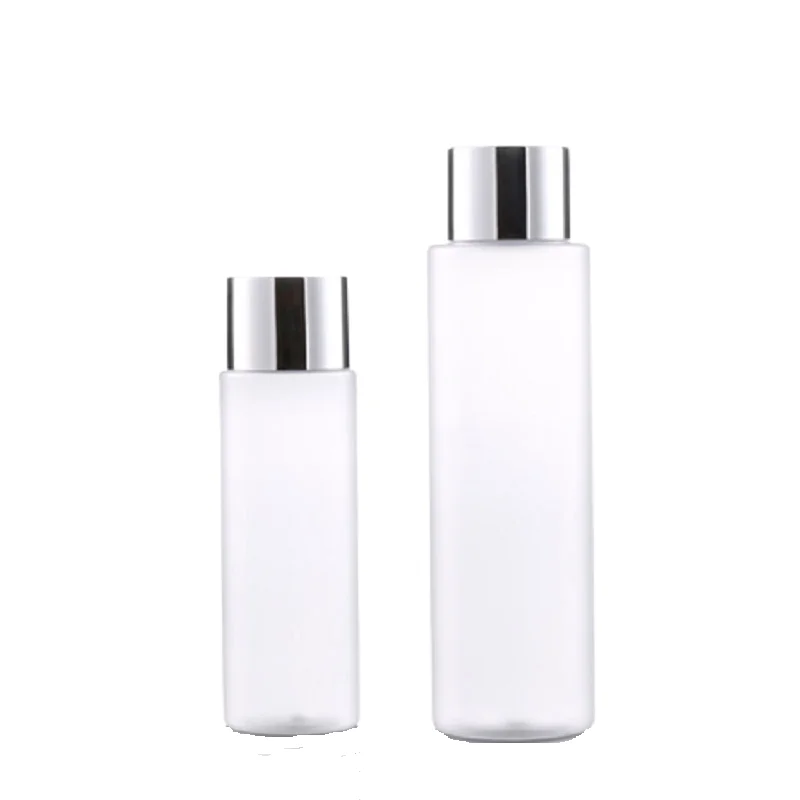 

100ml 200ml Empty PET Plastic Toner Bottle Frosted Cosmetic Facial Water Refillable Bottle Shiny Silver Screw Lid 20pcs