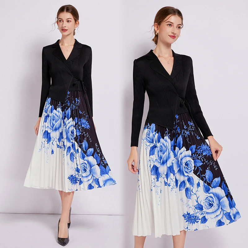 

Miyake Pleated Autumn Winter Product Women's Clothing Suit Collar Tie Waist Slimming Contrasting Color Dress Long Banquet Dress