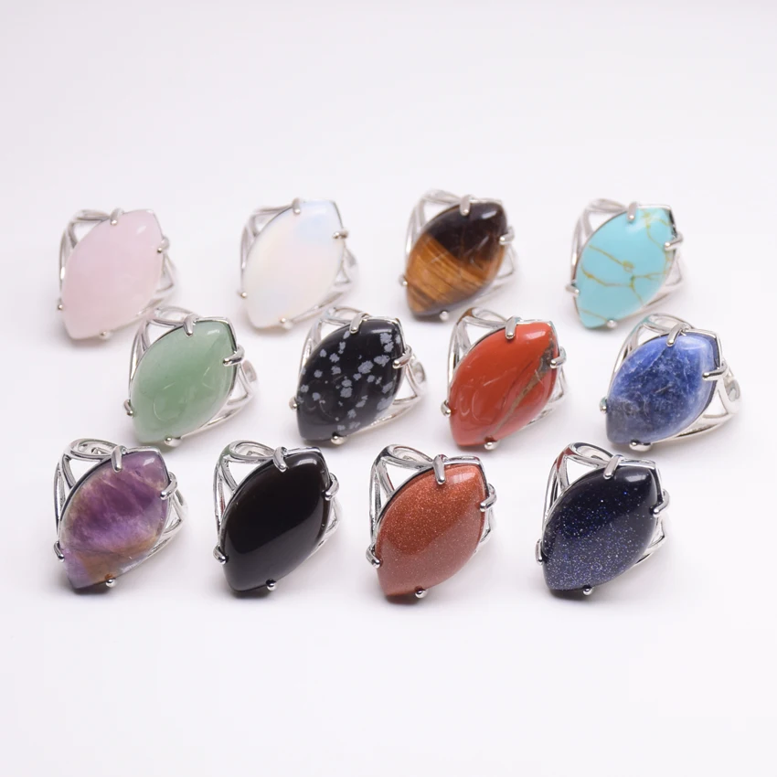 Natural Gems Stone Horse Eye Shape Resizable Rings Reiki Healing Turquoises Aventurine Clear Crystal Opal Jaspers Jewelry