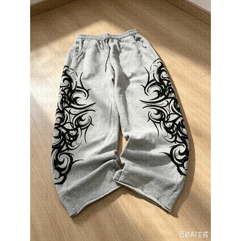 Y2K Retro Harajuku Fashion Printed Pattern Joggers, Men Women Kid Loose Trendy Pants Vintage Casual Gray Loose Trendy Pants