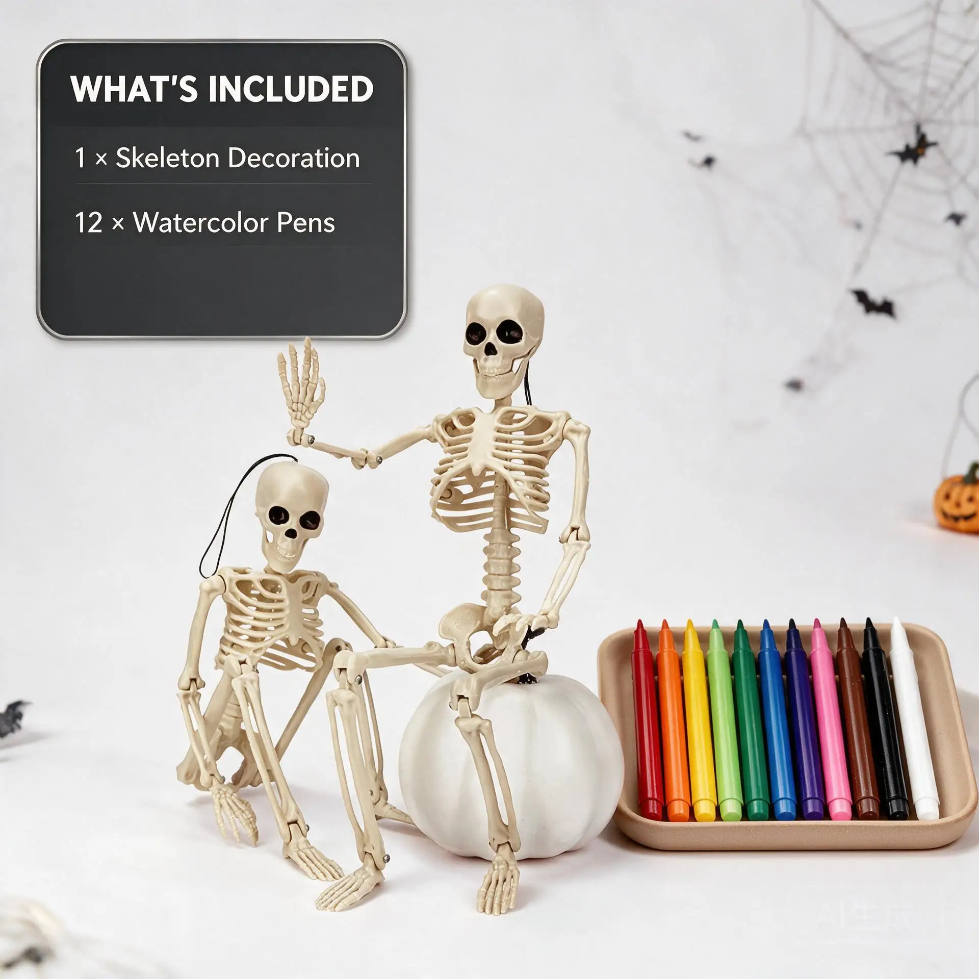 Halloween Skeleton Decoration 40cm with 12 Color Pens, DIY Painting Skeleton, Skull Craft Kit, Hanging Skeleton Ornament, Creative Halloween Decor for Party, Home, Kids DIY Art Activity Gift