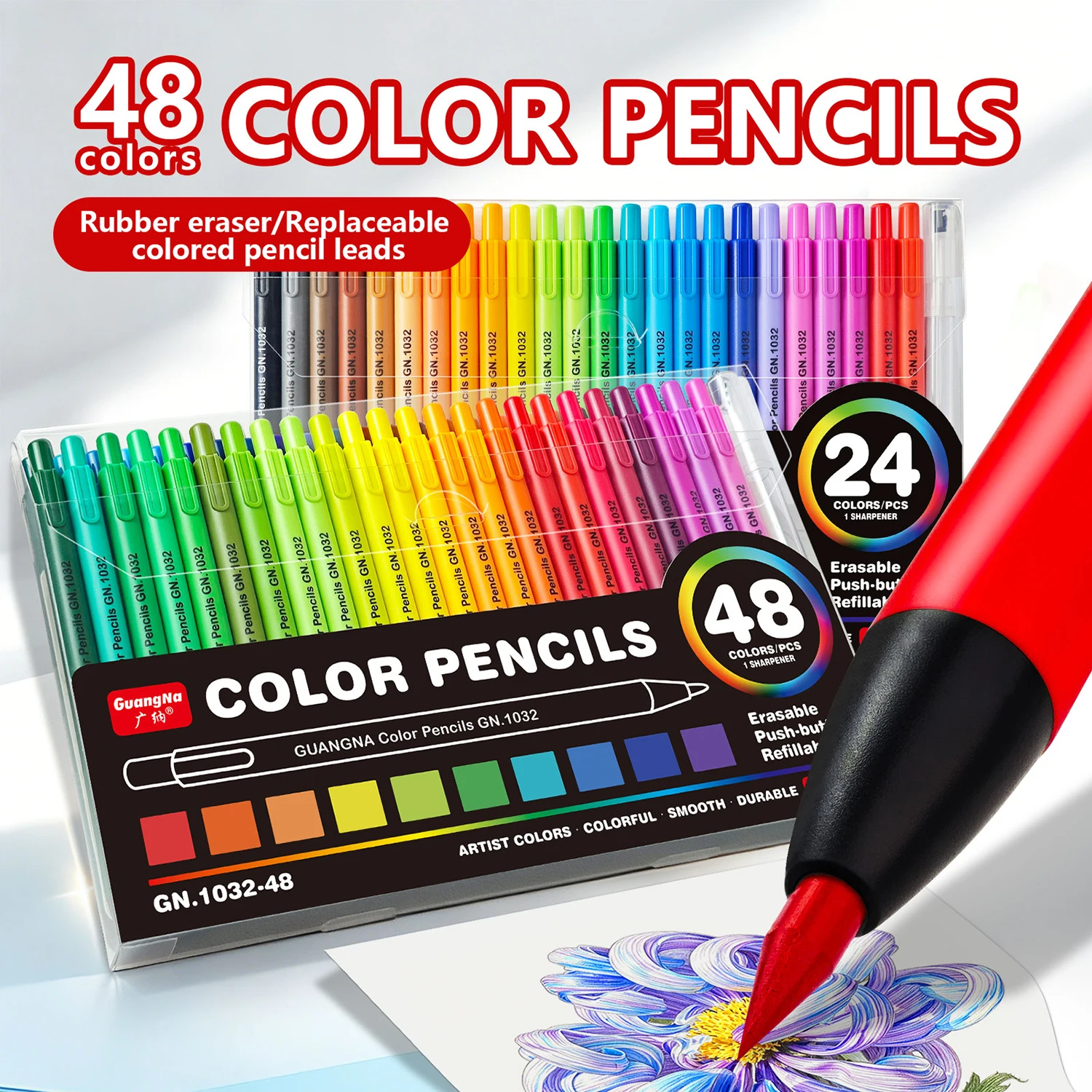 24/48color Erasable Colored Pencil Set, Comes With A Push-button Mechanical Pencil And A Pencil Sharpener, For Sketching And Col