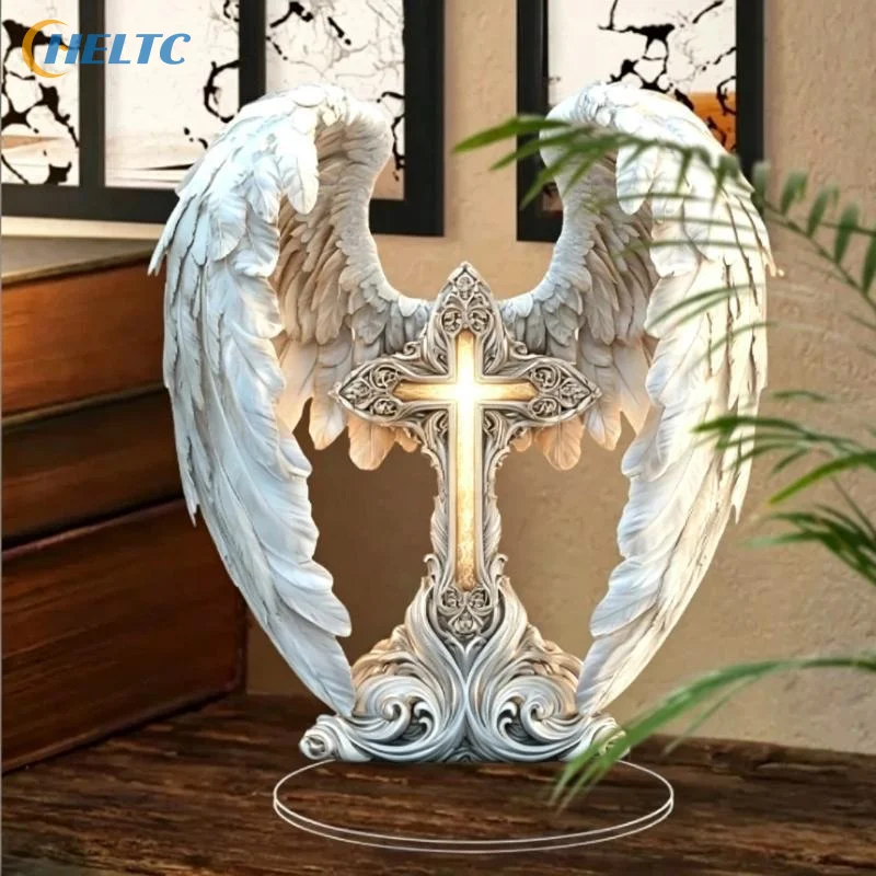 2D Acrylic Angel Wings Cross Ornament Vivid Design Non Slip Base For Home Religious Decor Gift Giving