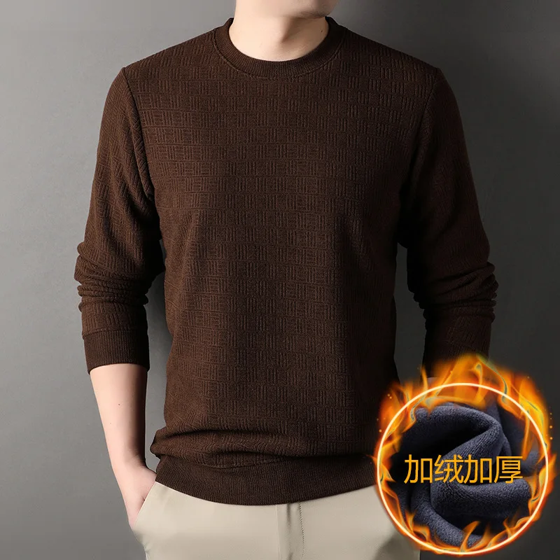 

New Autumn and Winter Sweaters Men's Fleece-lined Thick round Neck Sweater Base Shirt Knitted Long-Sleeved Top plus Size