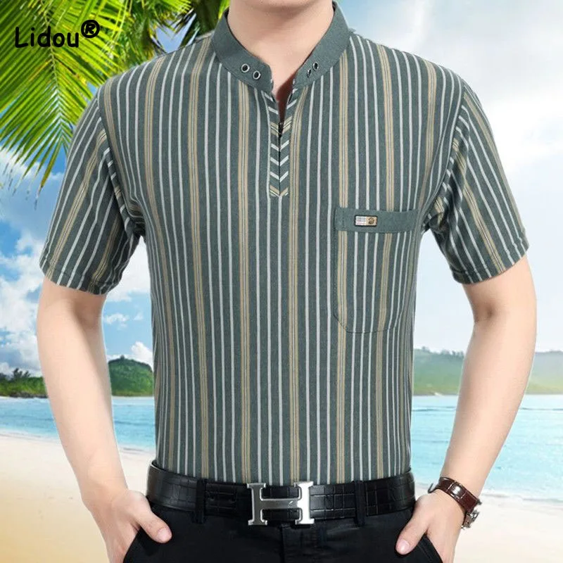 Male Clothes New Fashionable Stand Collar Striped Printed T-shirt Summer Thin Men Casual All-match Short Sleeve Tops Pullovers