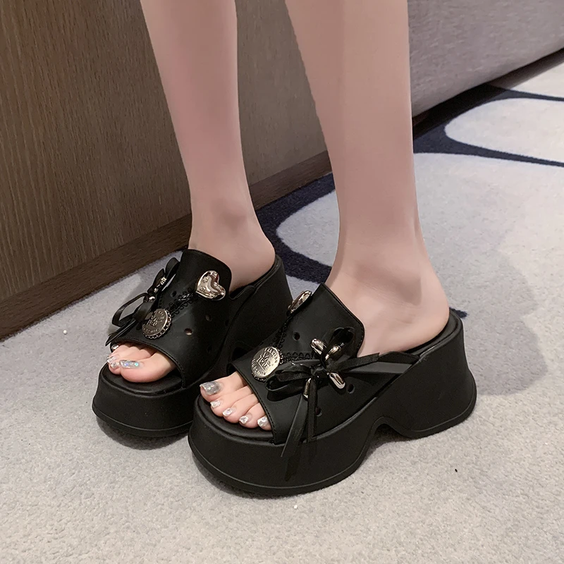 

7CM Women Chunky Slippers Summer Ladies Beach Flip-Flops Wedges Heels Outside Sandals Woman High Platform Bowknot Shoes