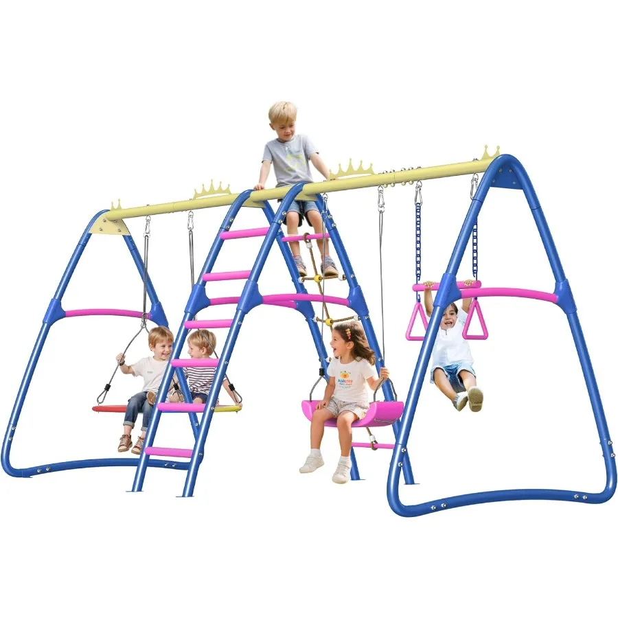 

6in1 Outdoor Metal Swing Set for Backyard Play for Featuring Heavy Duty Frame in Blue Color MultiFunctional Equipment for Safe
